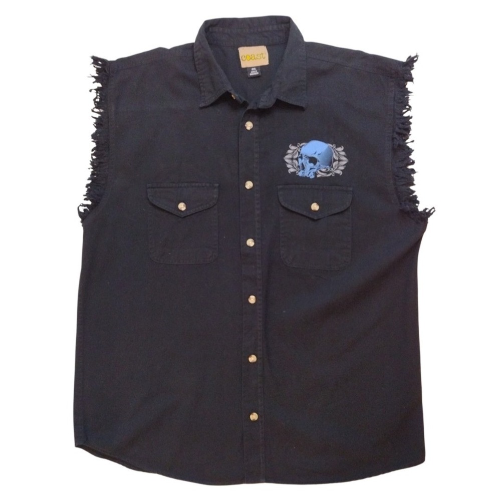 Coast Big Rig Truck Skull Graphic‎ Black Button Up Vest Men 2XL Frayed Sleeves